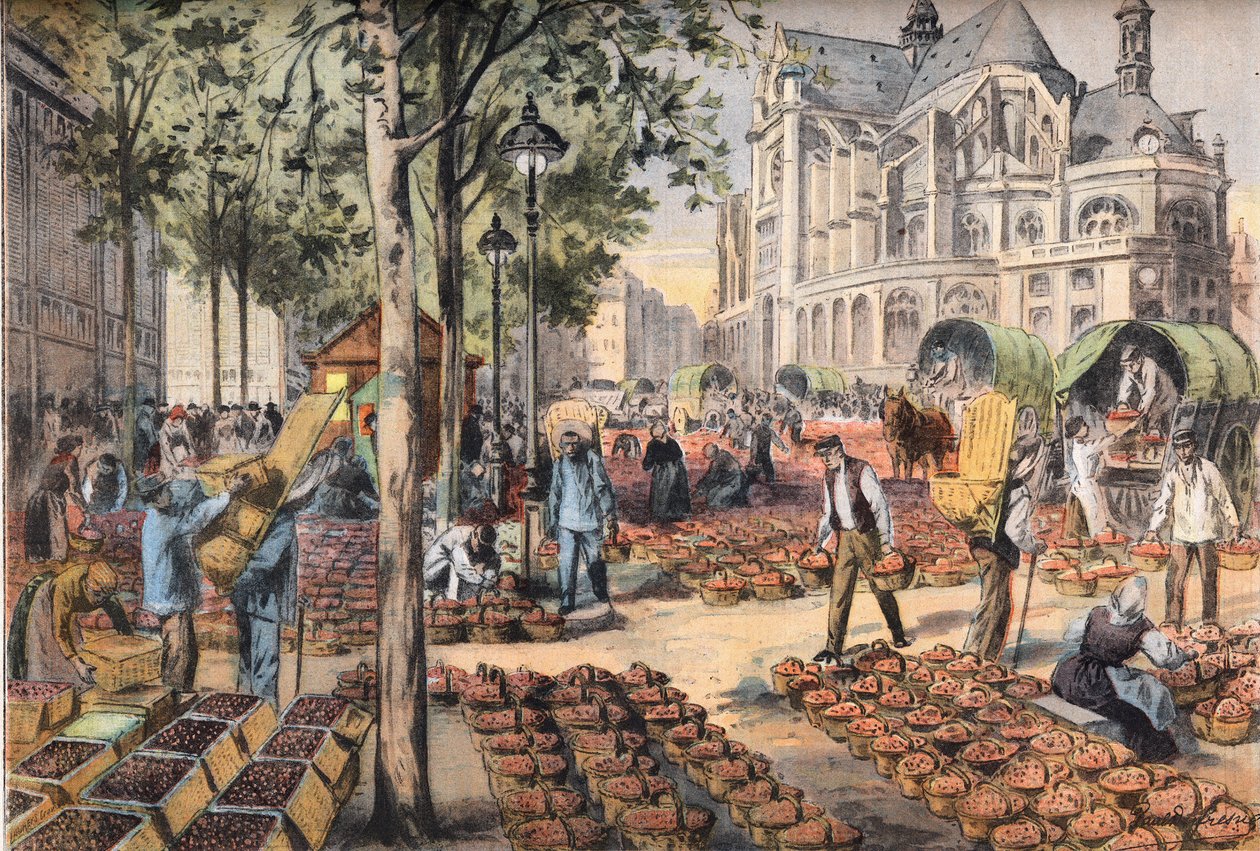 Ankomsten av jordbær på flisene i hallene bak kirken Saint Eustache, fra avisen "Le Petit Parisien"" av French School