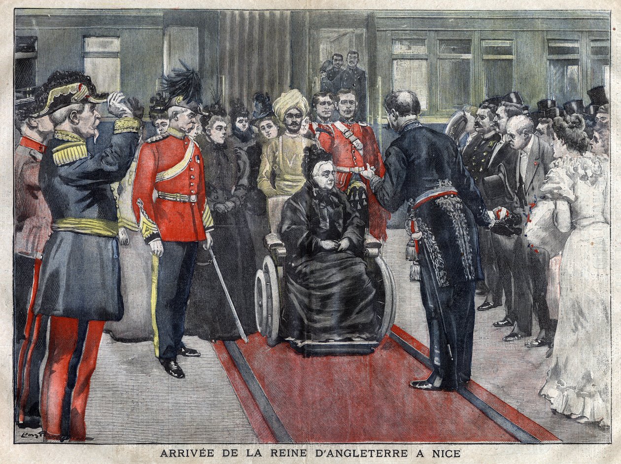 Ankomsten av dronningen av England, Victoria (1837-1901) til Nice i 1899. Gravering av 1899 i "" La petite Gironde"" av French School