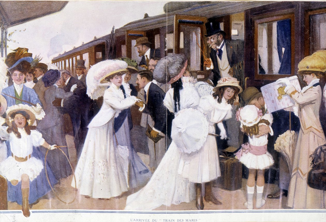 Ankomsten av "" Train of Husbands", deb.20. århundre. av French School