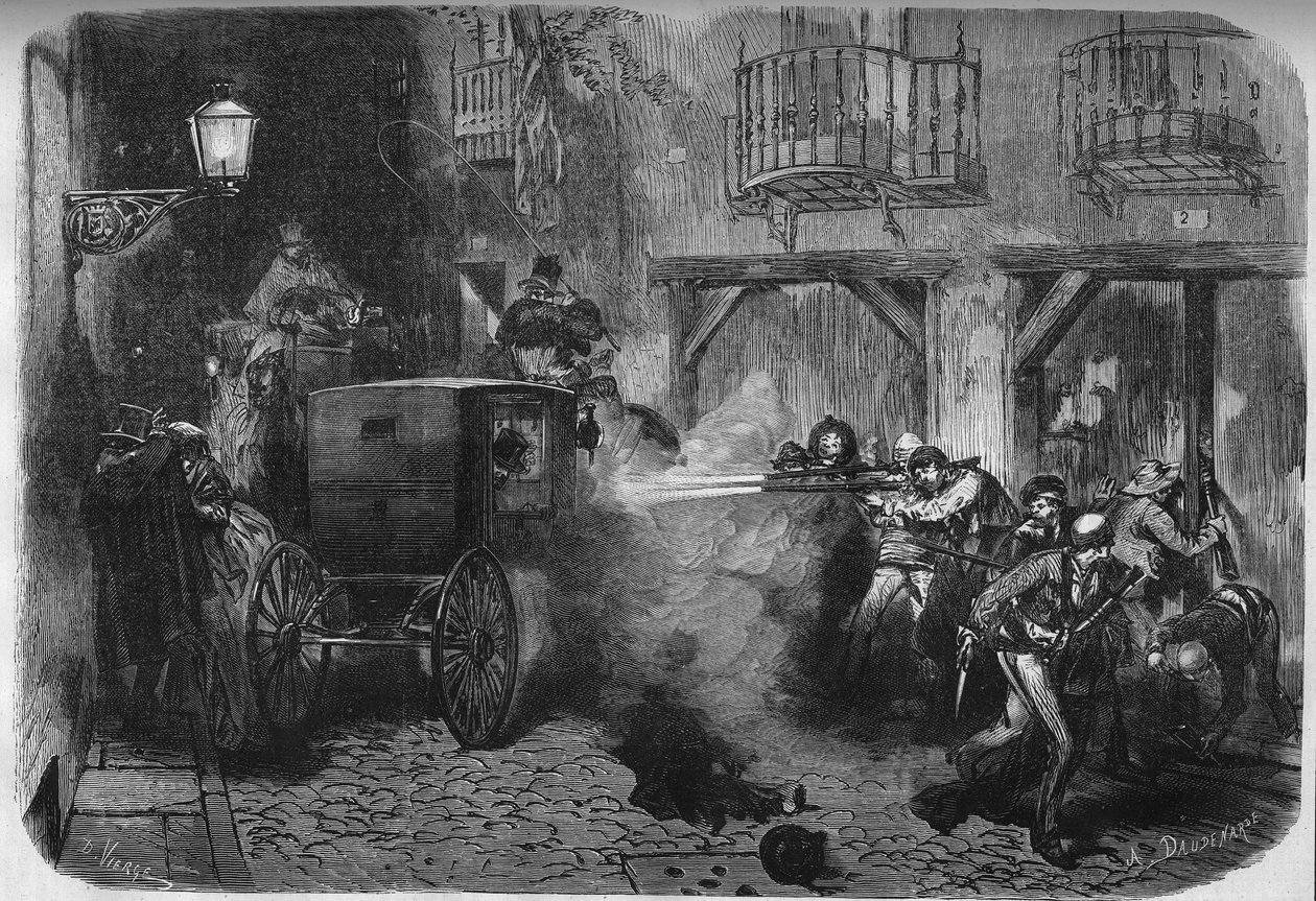 Attentatet på Juan Prim y Prats (1814-1870), spansk general og politiker, ved hans utgang fra Cortes, i gaten del Turco i Madrid 28. desember 1870. Gravering i "" Le Monde Illustré"" n°724 av 25. februar 1871. av French School