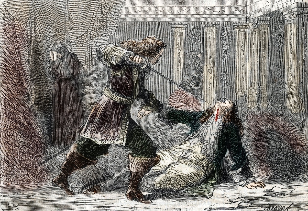 Attentatet på markis Gianrinaldo Monaldeschi, elsker av dronning Christina av Sverige (1626-1689) på slottet i Fontainebleau av French School