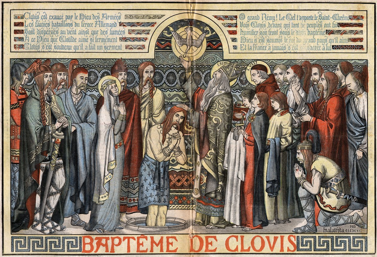 Dåpen til Clovis 1. (466-511) i Reims, 25. desember 496. illustrasjon av MALATESTA (MALTESTE Henri Theodore) i "" Le Pelerin"" av 23. august av French School