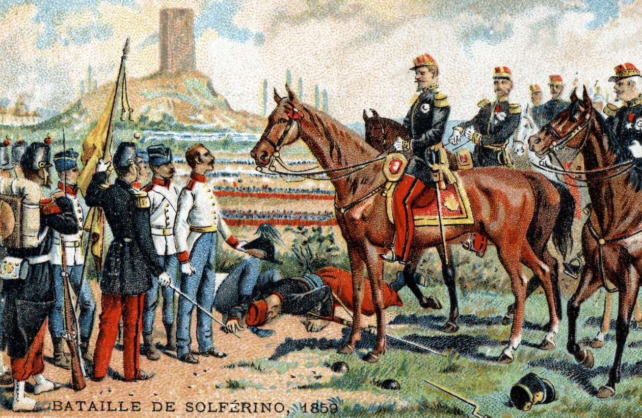Slaget ved Solferino (Italia) mellom den fransk-sardinske (seierherren) og den østerrikske (beseirede) hæren i 1859. Kromolitografi av det 19. århundre. av French School