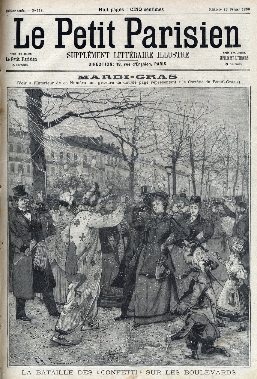 Kampen om konfetti på den parisiske boulevarden under Mardi Gras (Mardi-Gras). Gravering i "Le petit Parisien" av French School