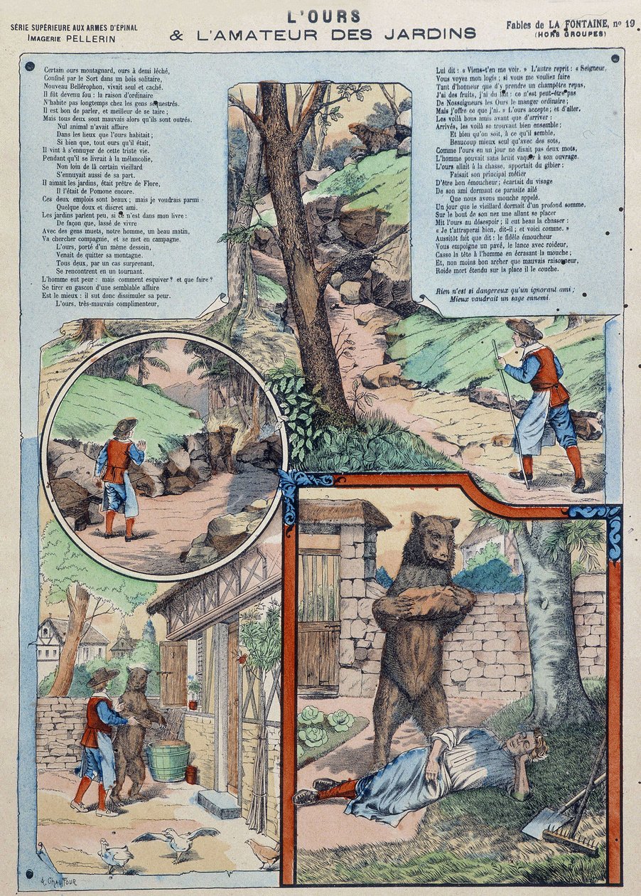 Bjørnen og hageelskeren - Fables de La Fontaine i bilder av Epinal av French School