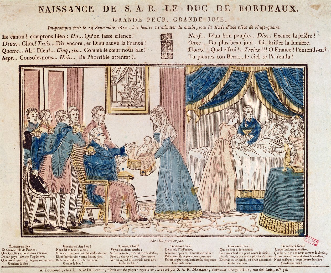 Fødselen til Henri Charles Ferdinand Marie Dieudonne de France, Duc de Bordeaux, Comte de Chambord 29. september 1820 (farget tregravering) av French School