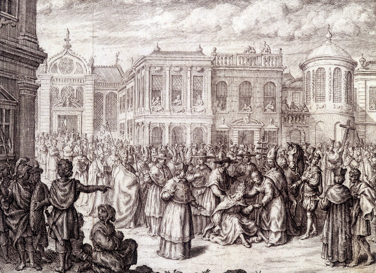 Fødselen til Papesse Jeanne - i "" History of the Papesse Jeanne"" av M. de Spanheim, Haag av French School