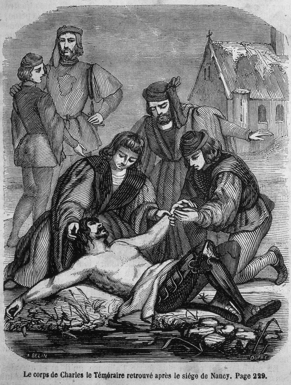 Liket av Karl den dristige (1433 - 1477) funnet etter beleiringen av Nancy - i "Histoire de France" av L.-P. Anquetil av French School