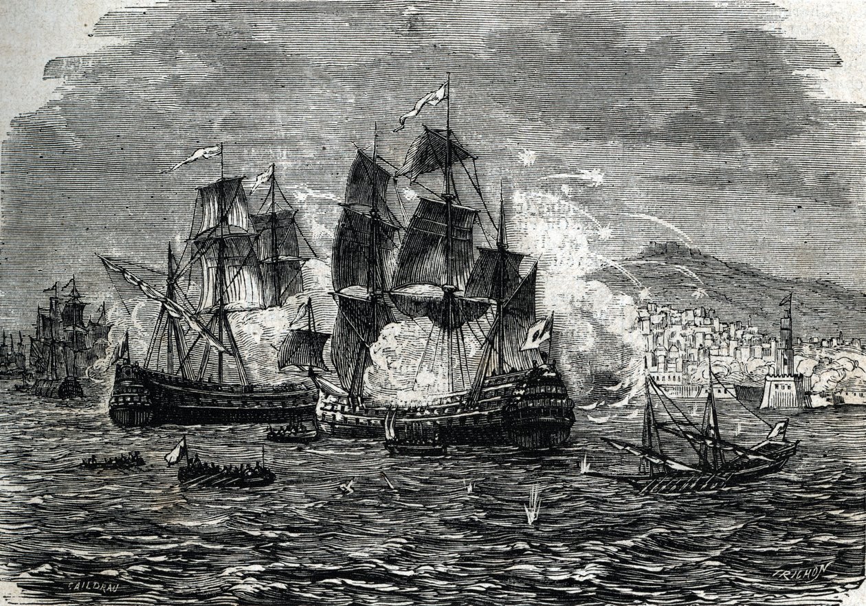Bombardementet av Alger i august 1682 av Abraham Duquesne - (gravering) 1864 av French School