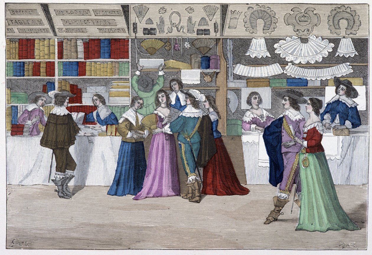 Butikkene i galleriet til tinghuset under Ludvig XIII - i "Paris gjennom århundrene"" av French School