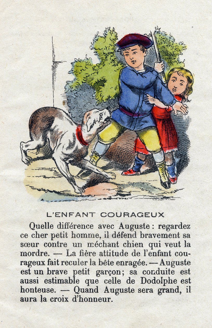 Det modige barnet. Et barn forsvarer søsteren sin mot en hund. Smågutter alfabetet. Abecedary har moralsk verdi som inneholder leseøvelser. Epinal avbildning sent på 1800-tallet av French School