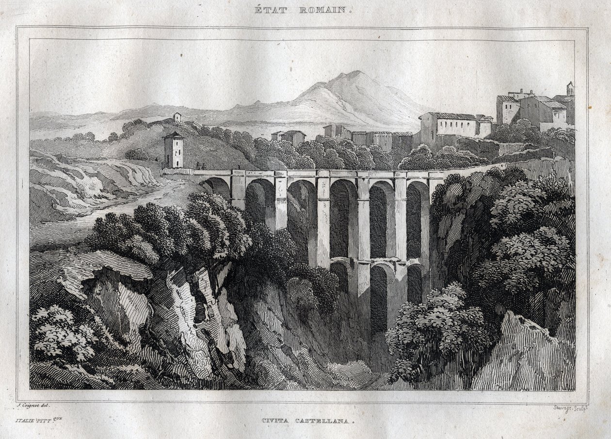 Broen har doble arkader - CIVITA CASTELLANA - Provinsen Viterbo - Italia - Gravering fra "" Italy Picturesque" - Historisk og beskrivende maleri av Italia"" av M. de Norvins, Ch. Nodier 1834-1836. av French School