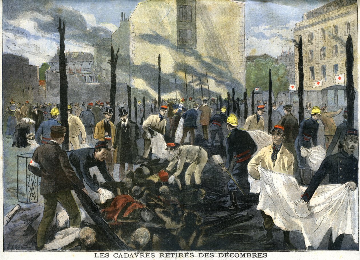Brenningen av basaren i Charité, likene fjernet fra ruinene av redningsmennene av French School
