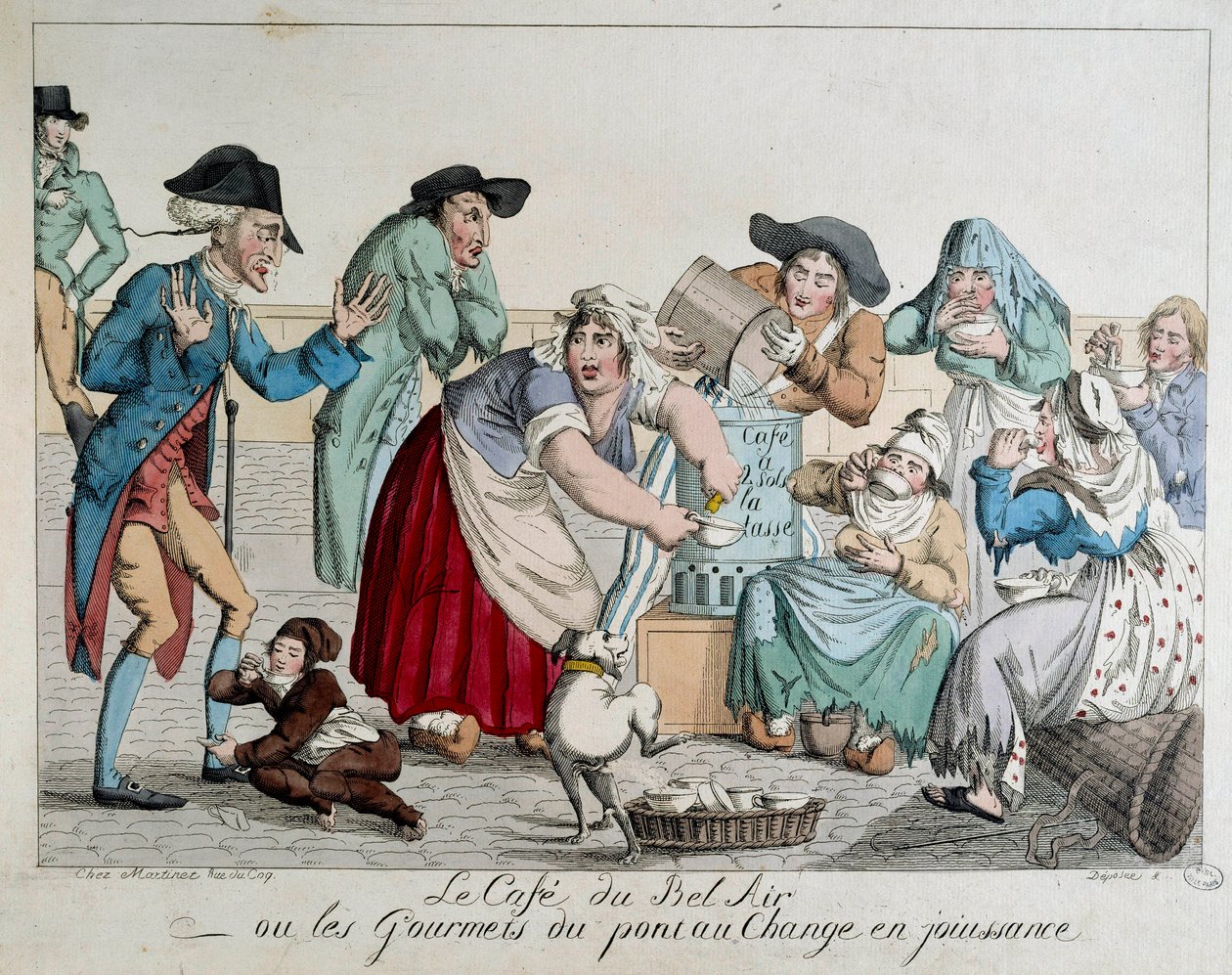 Caféen du Bel Air eller gourmetene på Pont au Change nyter pariserne uten penger å drikke kaffe har koppen foran de skremte øynene til en adelsmann. Anonymt 1700-tallstrykk. Paris, Musee Carnavalet av French School
