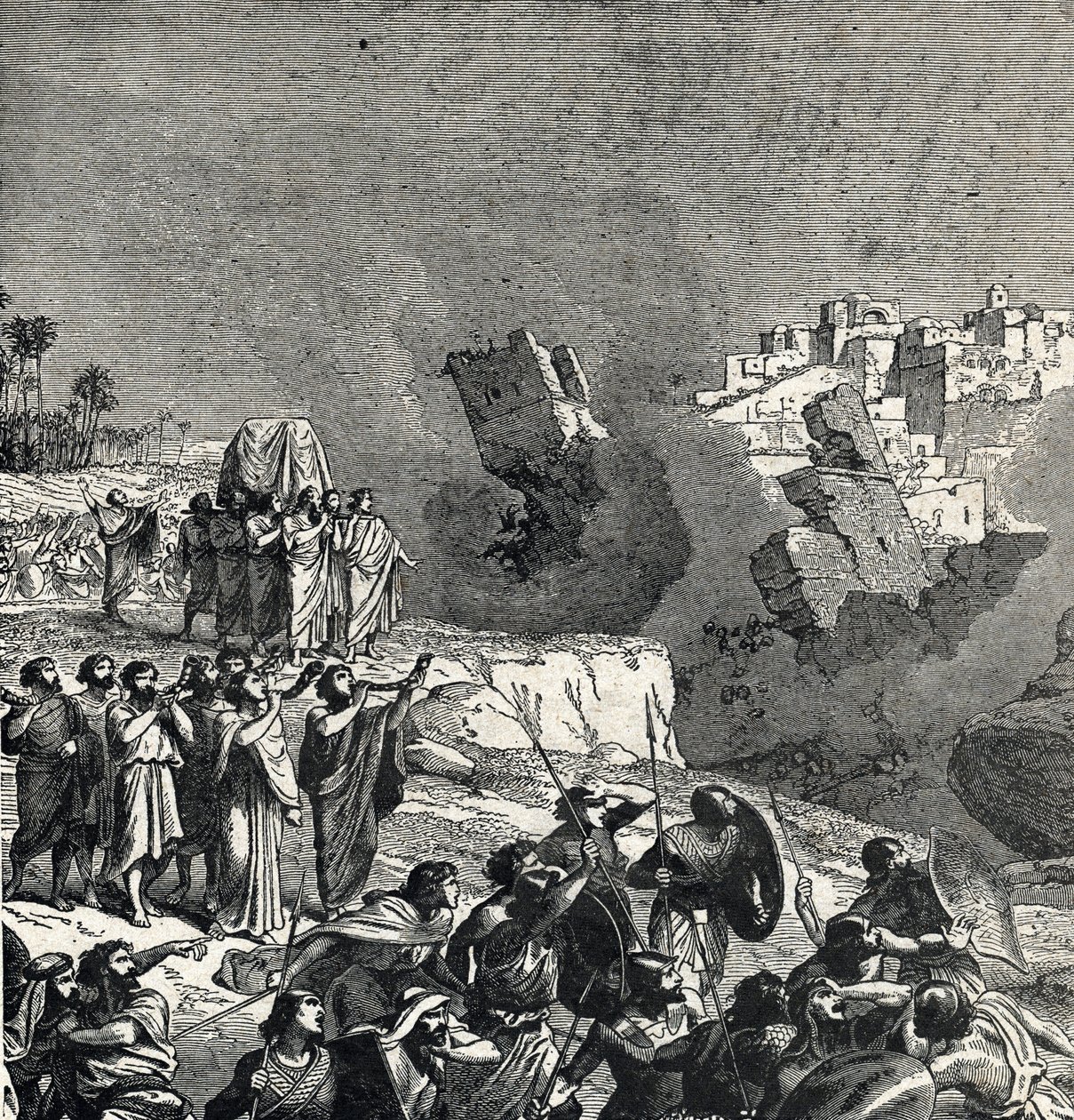 Erobringen av Jeriko der Israels folk får sine trompeter til å lyde under bymurene hvis adgang er forbudt for dem, Ce son fait fait les murs de la ville (Slaget ved Jeriko, det første slaget mellom israelittene i deres erobring av av French School
