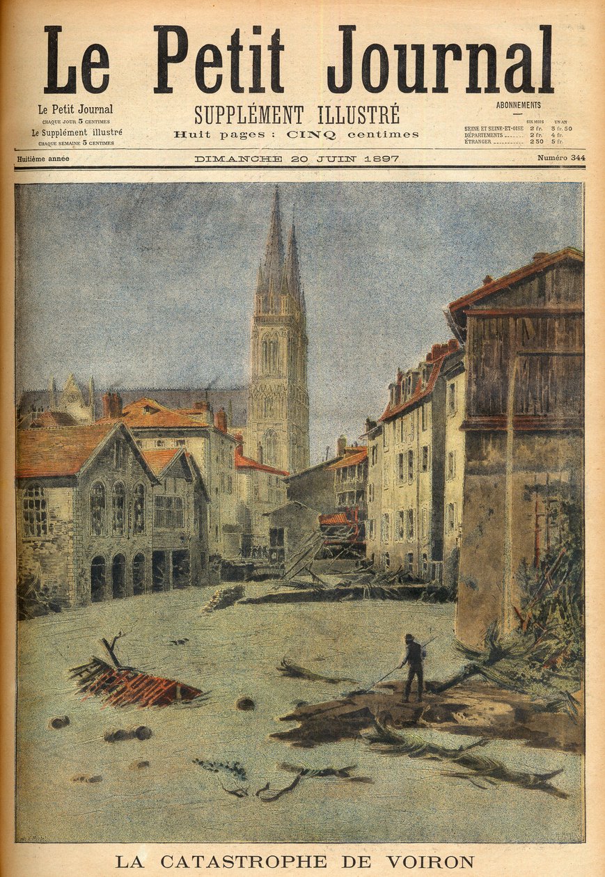 Katastrofen (flom) i landsbyen Voiron (Isère) Frankrike i "Le Petit Journal", 20. juni 1897 (gravering) av French School