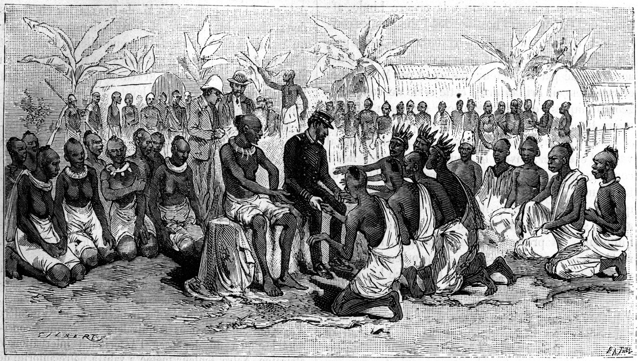 Høvdingene på kysten av Kongo, la hendene i oppdageren Pierre Savorgnan de Brazza (1852-1905), i tegn på at de har forlatt territoriene. Gravering i "" La Nature. Revue des sciences et de ses applications aux arts et a l