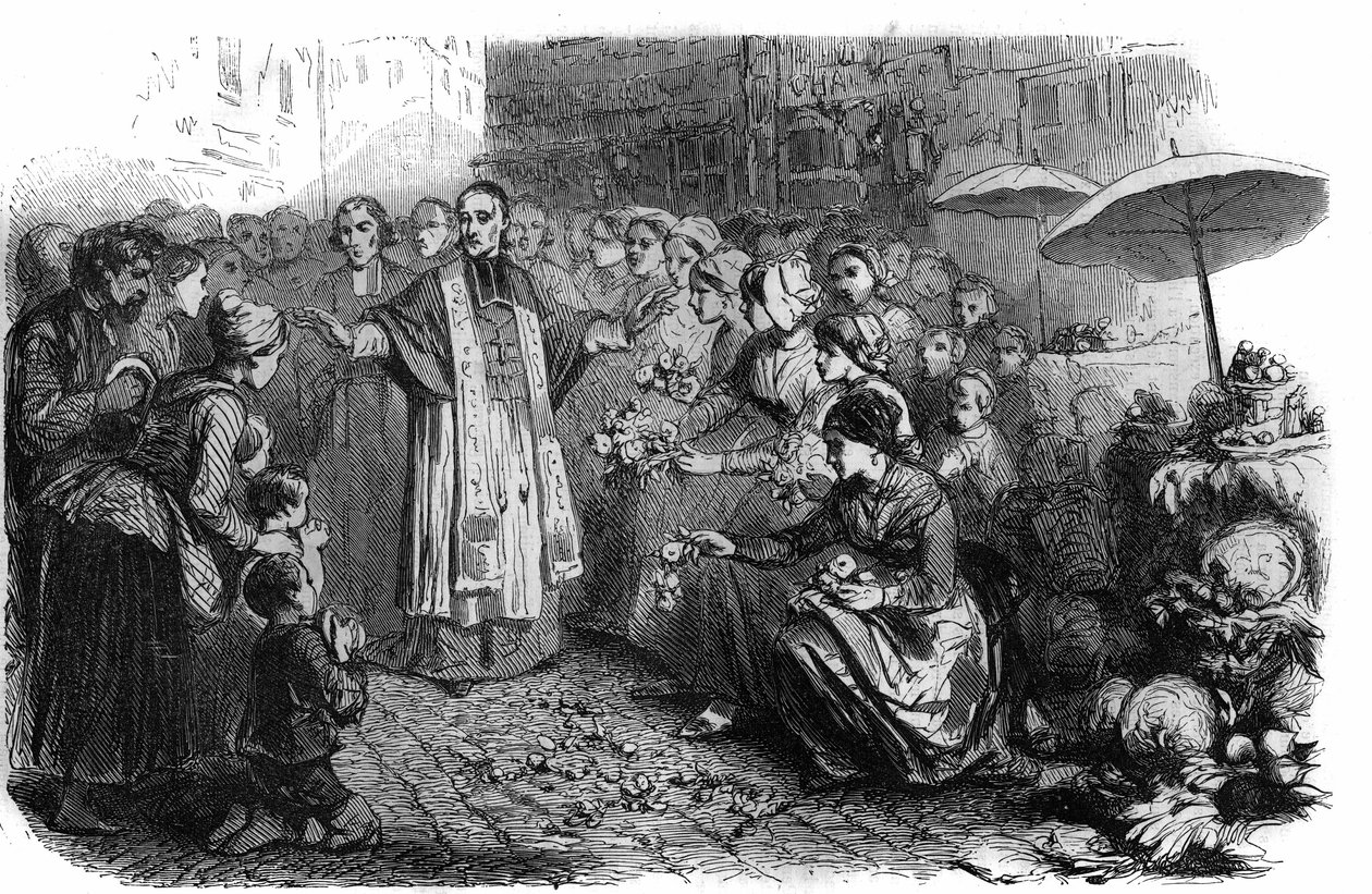 Koleraen i Roma: Pave Gregoire XVI (1765-1846) beordret prosesjoner, rosjoner og velsignelser for å stoppe koleramarsjen. Gravering i "Histoire des Papes-Rois-Queen and Empereurs a travers les centuries"" av Maurice Lachatre av French School