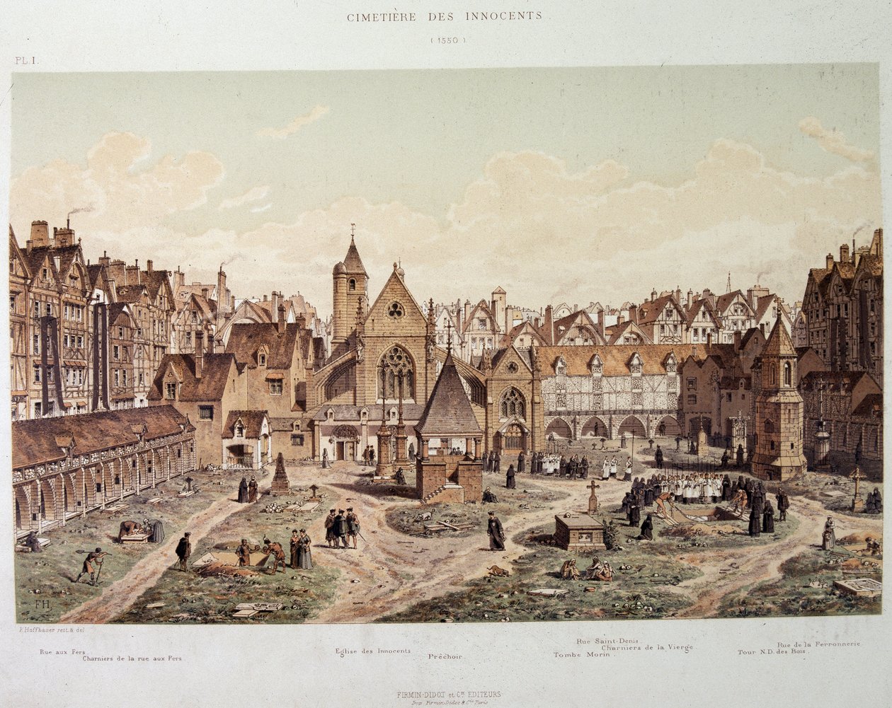 De uskyldiges kirke og kirkegård i 1550 - i "Paris a travers les ages", sent på 1800-tallet. av French School