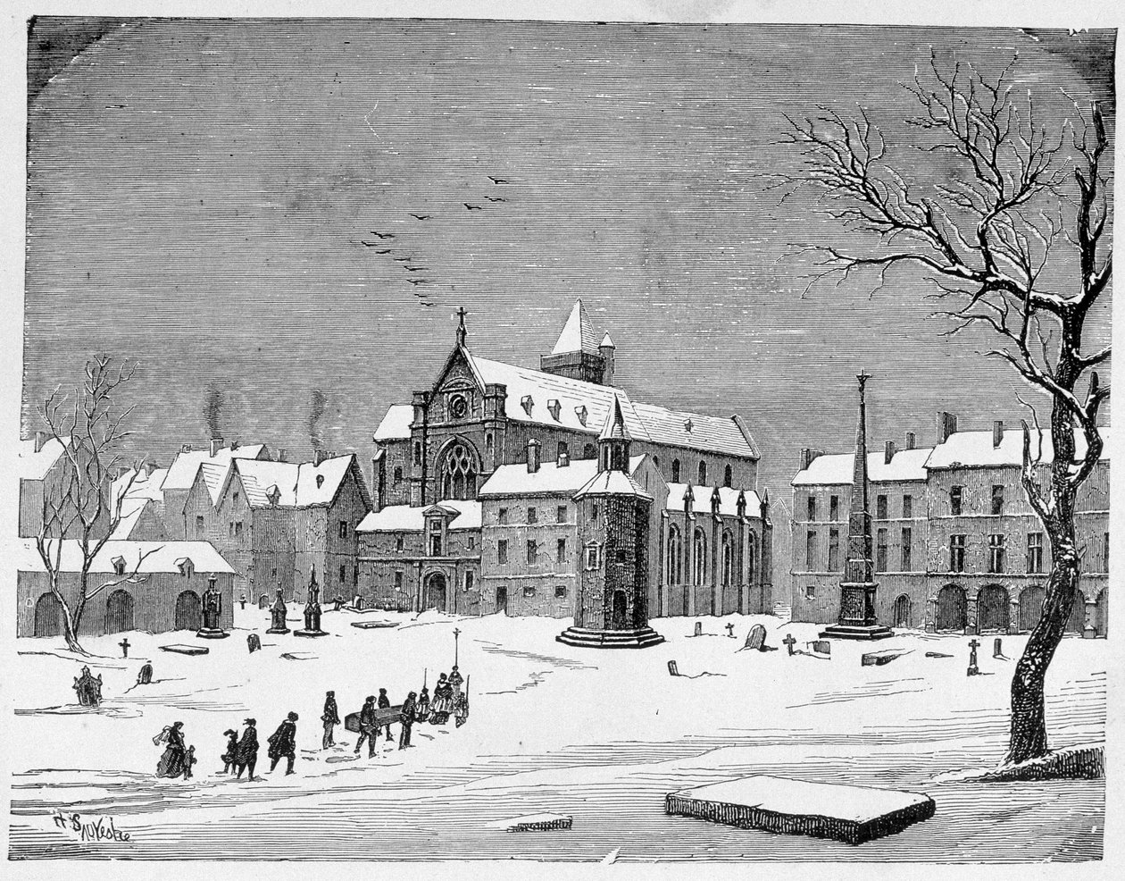 Kirken til de uskyldiges kirkegård i 1445 - i "Paris gjennom århundrene" av H. Gourdon de Kenouillac av French School