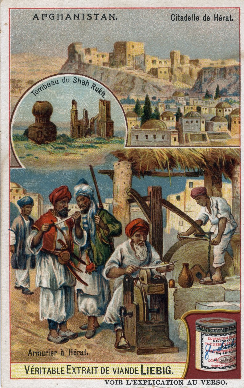 Byen og rustningsmennene til byen Herat i Afghanistan og graven til Shah Rukh. Kromolitografi fra 1800-tallet. av French School