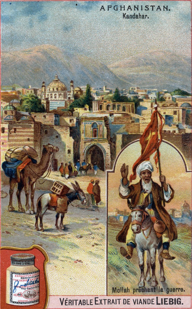Byen Kandahar i Afghanistan med Mullah som forkynner krig. Reklamekromolitografi fra 1800-tallet. av French School