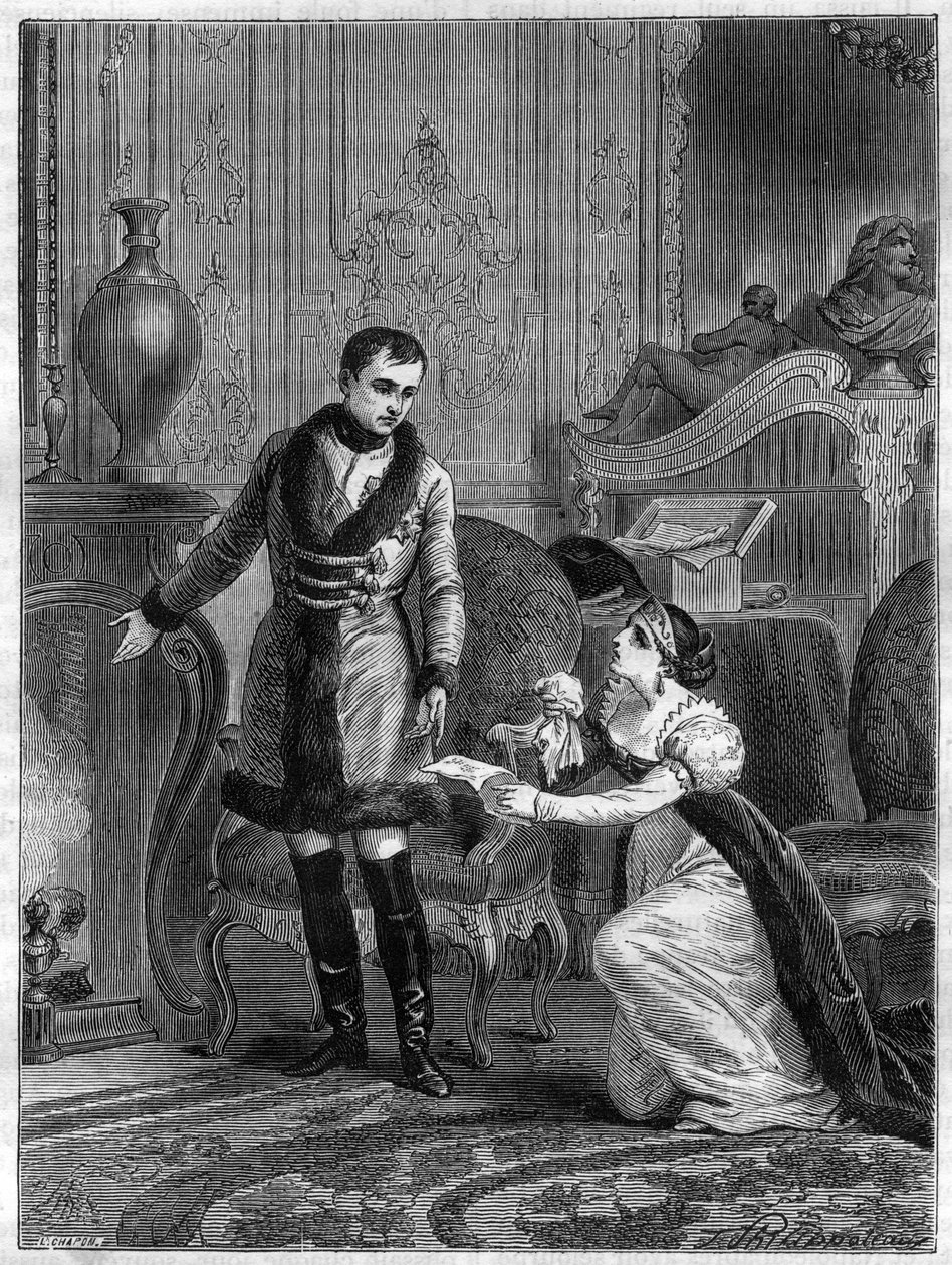 Nåden fra keiser Napoleon I (1769-1821) til prinsessen av Hatzfeld som kom for å be om benådning for mannen sin prins Hatzfeld, anklaget for forræderi, den 28. oktober 1806 - nåden til keiser Napoleon I (1769-1821) overfor prinsesse av Hatzfel av French School