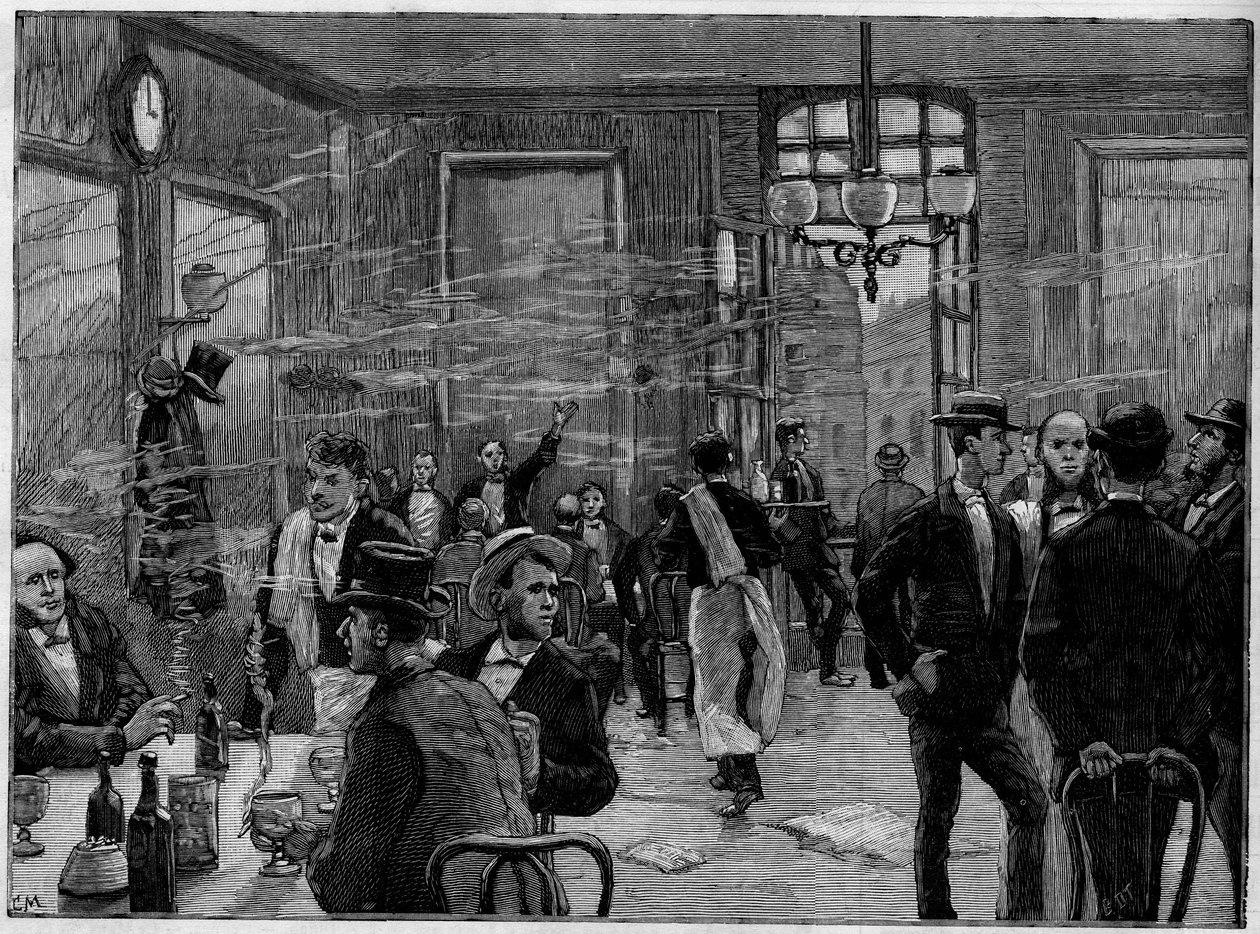 The coffee boys in an establishment on Rue Montmartre in Paris, In “” the Illustrous World”” 1886. av French School