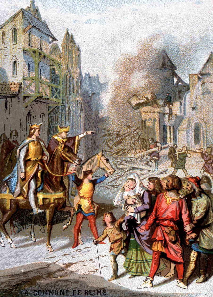 Kommunen Reims (1160) - Represalier av Louis VII for å ødelegge de kommunale frihetene til borgerskapet i Reims. Kromolitografi av serien "" Patriotisk utdanning gjennom bilde"". av French School