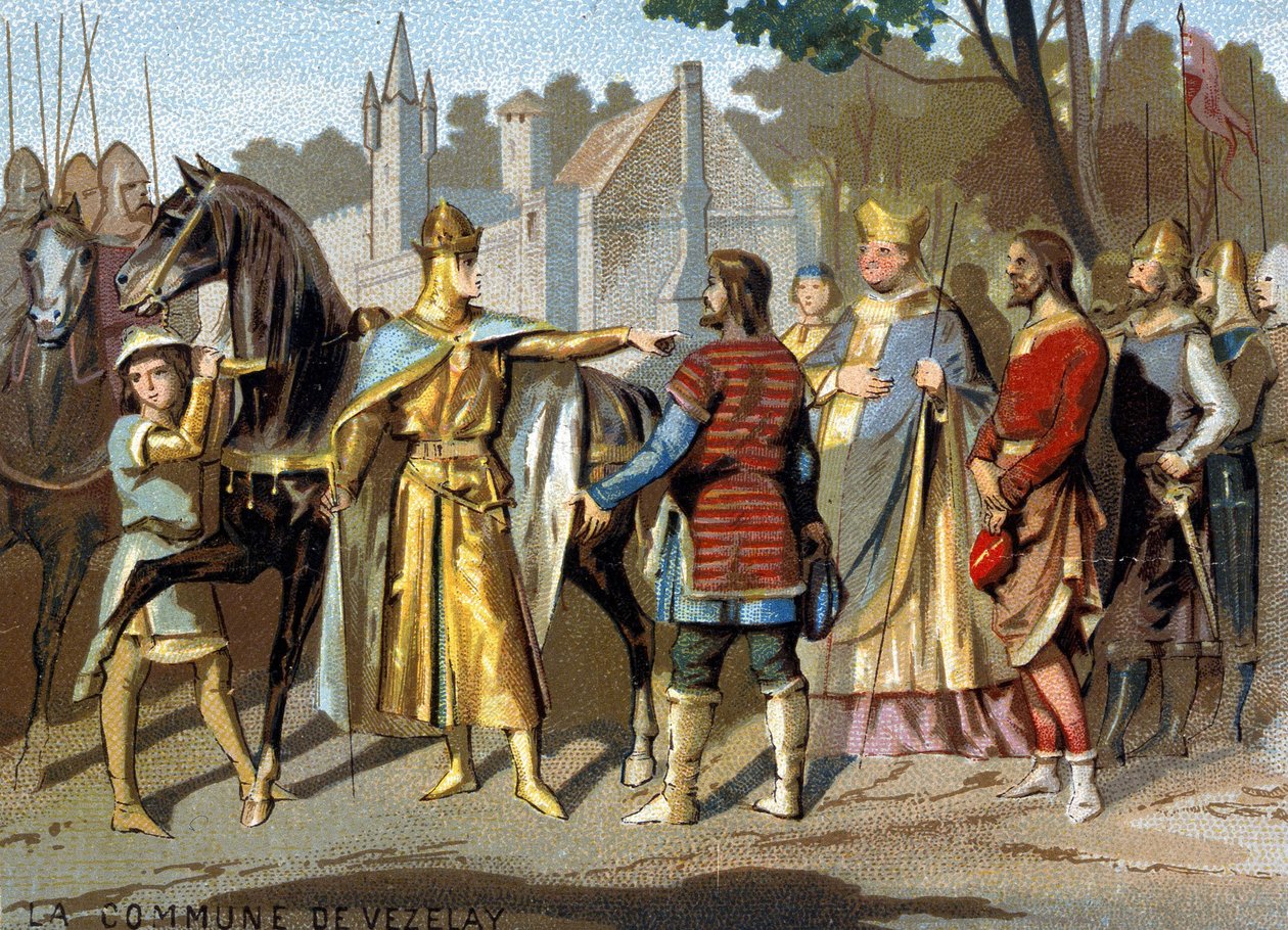 Kommunen Vezelay (1153): Abbe Pons, greven av Nevers og sorenskriverne i Vezelay før Louis VII i Moret, nær skogen til Fontainebleau, som avgjorde forsvinningen av kommunen. Kromolitografi av serien "" Patriotic Educatio av French School