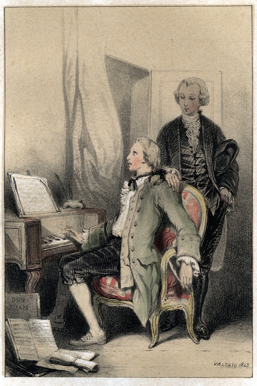The composer Wolfgang Amadeus Mozart (1756-1791) composing the requiem. Plate taken from “” Scenes de la vie des hommes famous””” engraving in two shades by Valerio. 1843. av French School