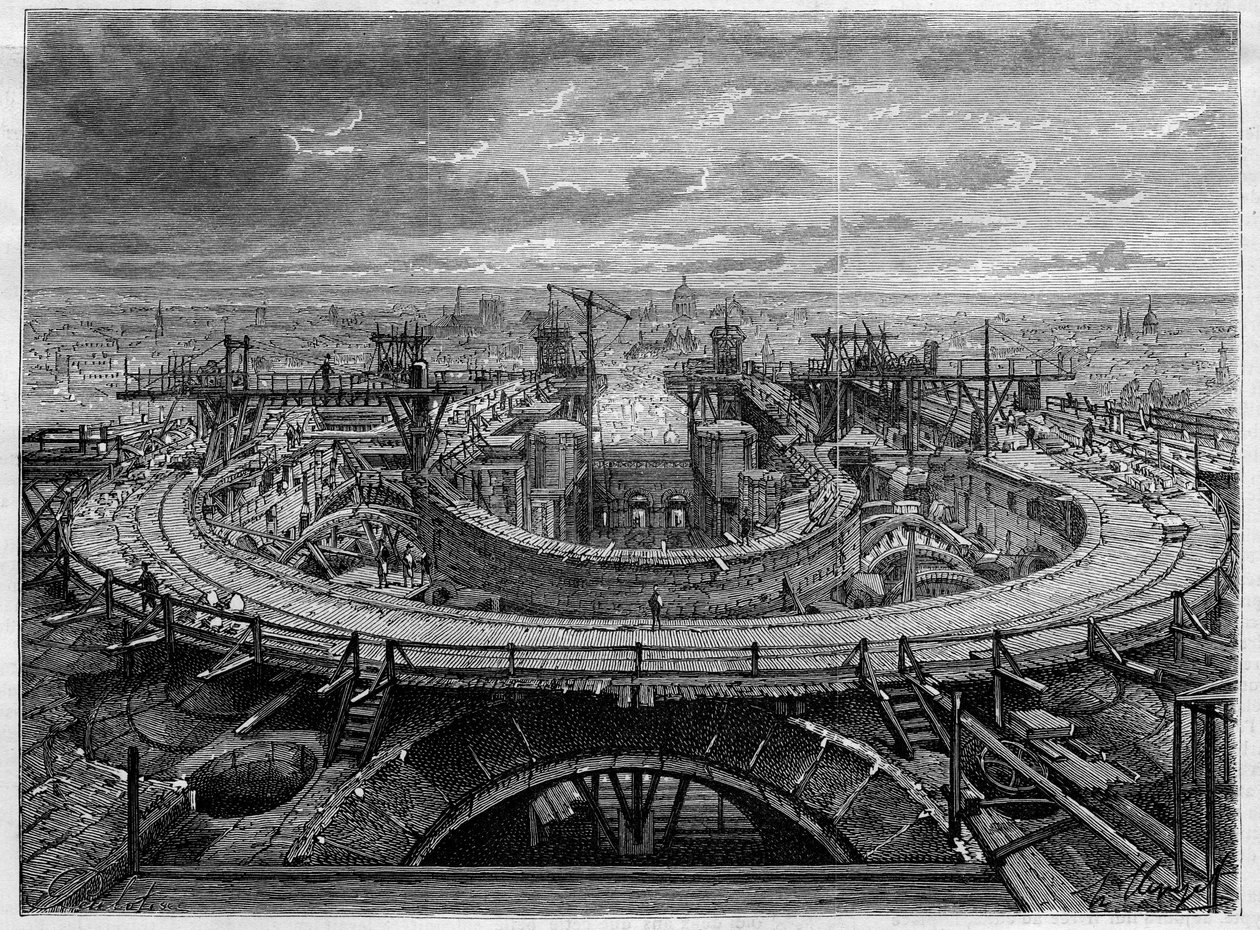 Byggeplassen til kirken Sacre Coeur i Montmartre i 1886, I "The Illustrous World". av French School