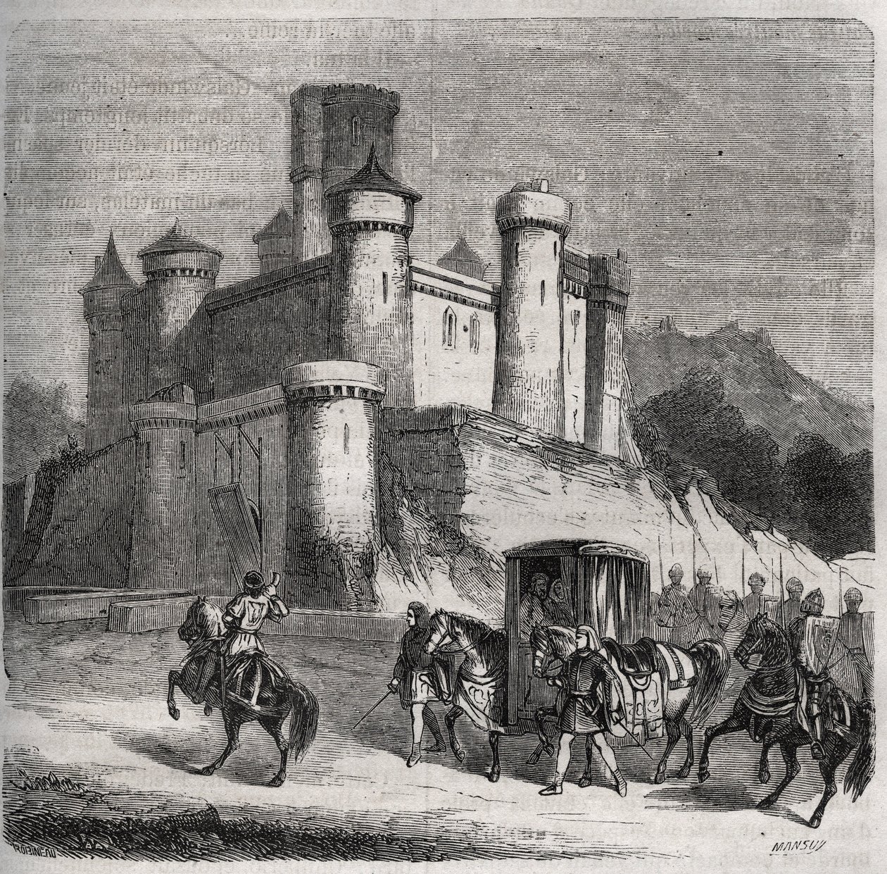 Kortesjen til Rigonde (Rigonthe) (rundt 569-etter 589) forlater Paris for å gå til forloveden hans, prins Recarede. Gravering fra 1871 i «Histoire Des Cocus Celebres»» av Henry de Kock (1819-1892). av French School