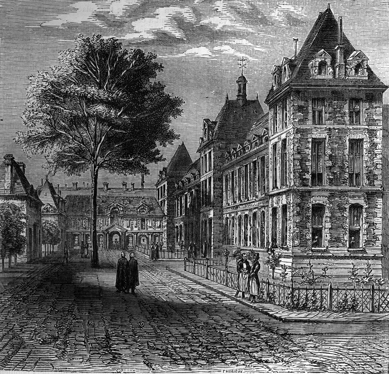 The court of the Saint Louis Hospital in Paris at the end of the 16th century. av French School