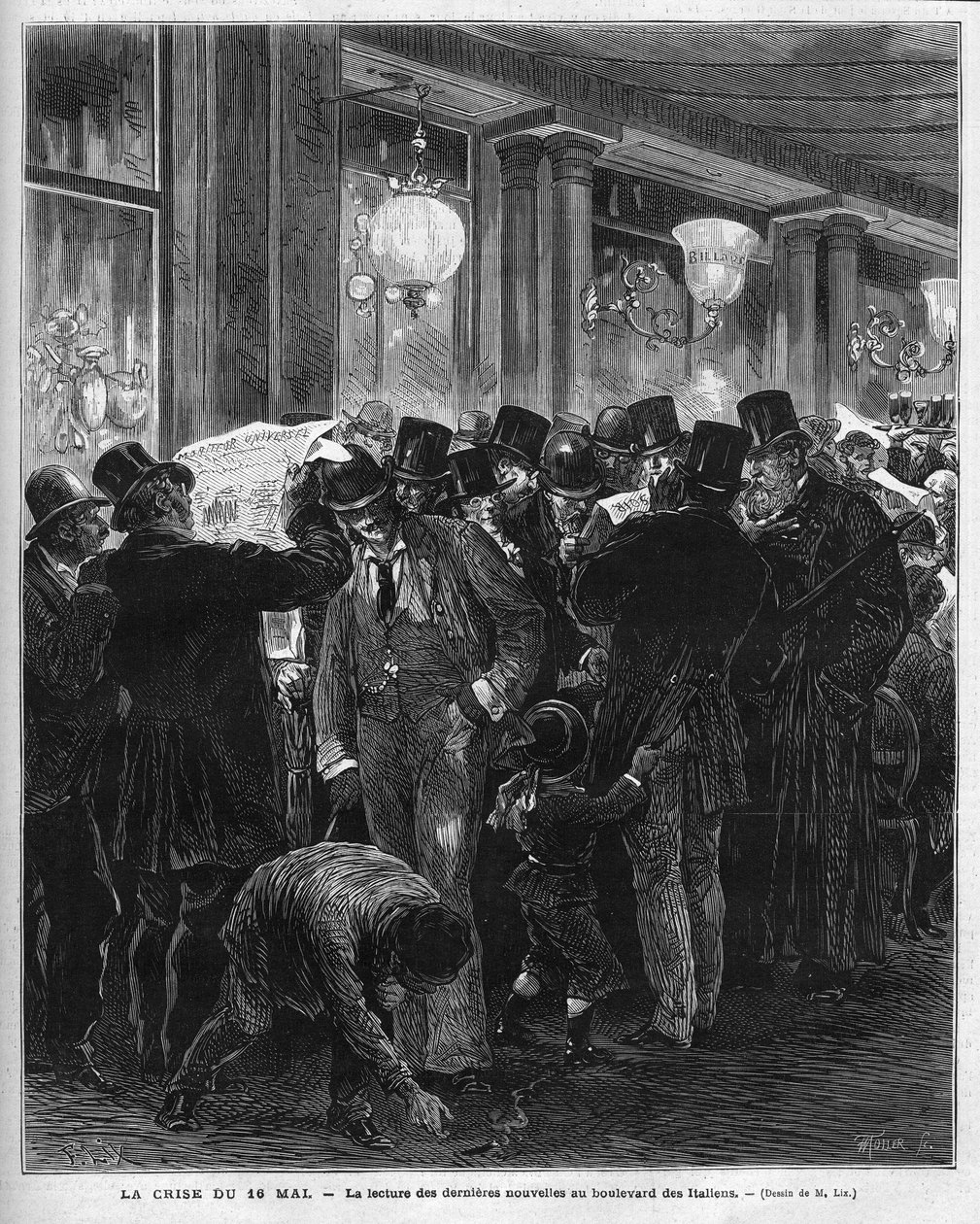 Krisen 16. mai 1877: les de siste nyhetene på boulevard des Italians i Paris. Denne franske politiske krisen er et resultat av brevet fra Mac Mahon (Mac-Mahon) som kritiserer holdningen til rådspresident Jules Simon som til slutt vil gjenoppta av French School