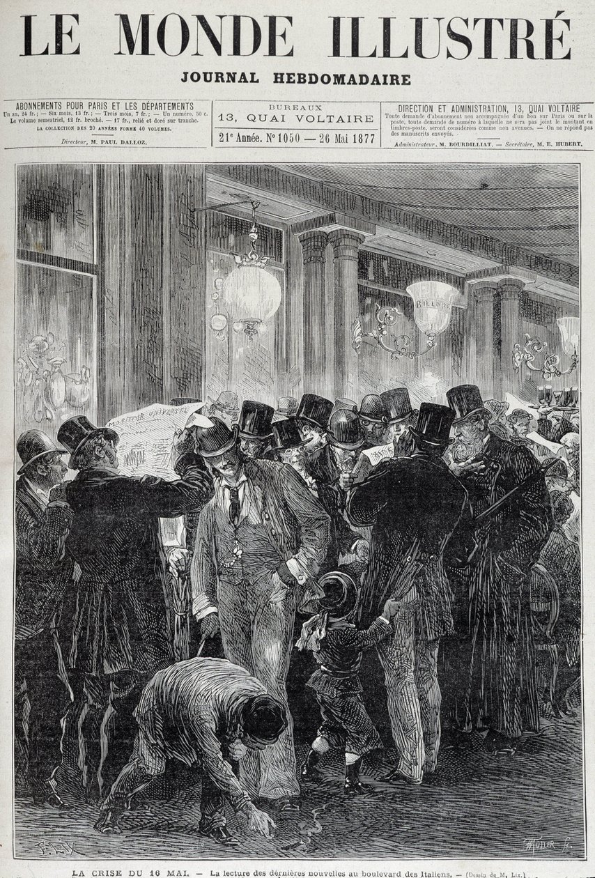 Krisen 16. mai: lesing av aviser - i "Le monde illustrious"" av mai 1877 av French School