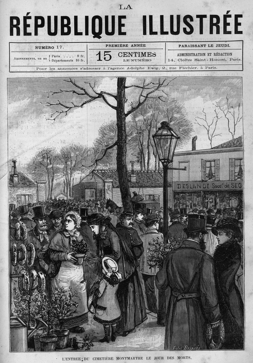 The crowd in front of the entrance to the Montmartre cemetery in Paris on the day of the dead (Toussaint). A newspaper. Engraving from 1880 in “La republique illustree”” private collection. av French School