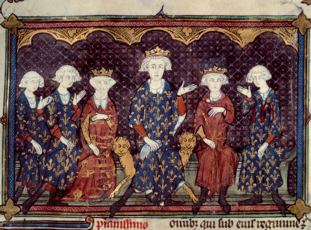 De forbannede konger: Filip IV den vakre (1268 - 1314) omgir datteren Isabella (dronning av England) og hans tre sønner Ludvig (kong Ludvig X), Karl (Kong Karl IV), Filip (Kong Filip V), og hans bror Charles de Valois - Miniatyr fra La av French School