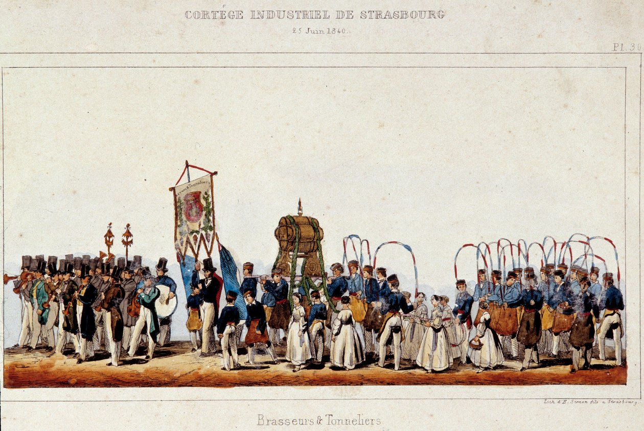 Dansen til bryggere og bødkere under industrikortesjen i Strasbourg 25.06.1840. Litografi av Simon av French School