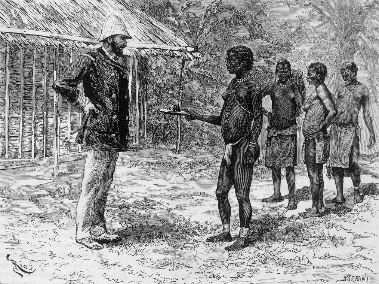 Datteren til Libossi gir M. de Brazza et fat med larver - i "" Tour du Monde"", 2. uke 1888 av French School