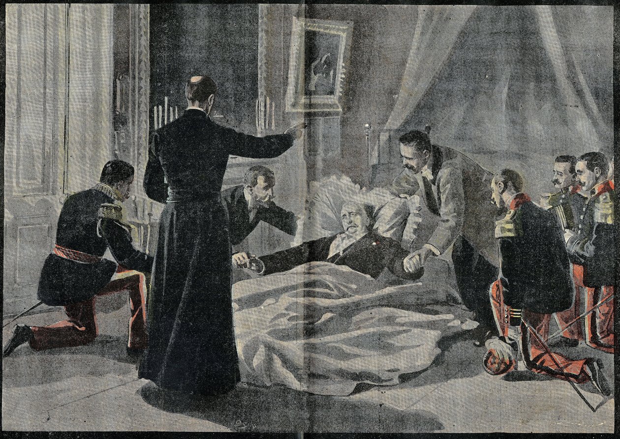 Dødsfallet til Felix Faure (1841-1899), president i Frankrike, Abbe Renault ga ham syndsforlatelsen. Gravering i "" Le Pelerin"" 26/02/1899. av French School