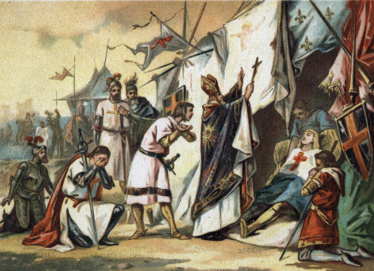 Dødsfallet til Saint Louis (Louis IX) (1214/1215-1270) i Tunis. Kromolitografi på slutten av 1800-tallet av French School