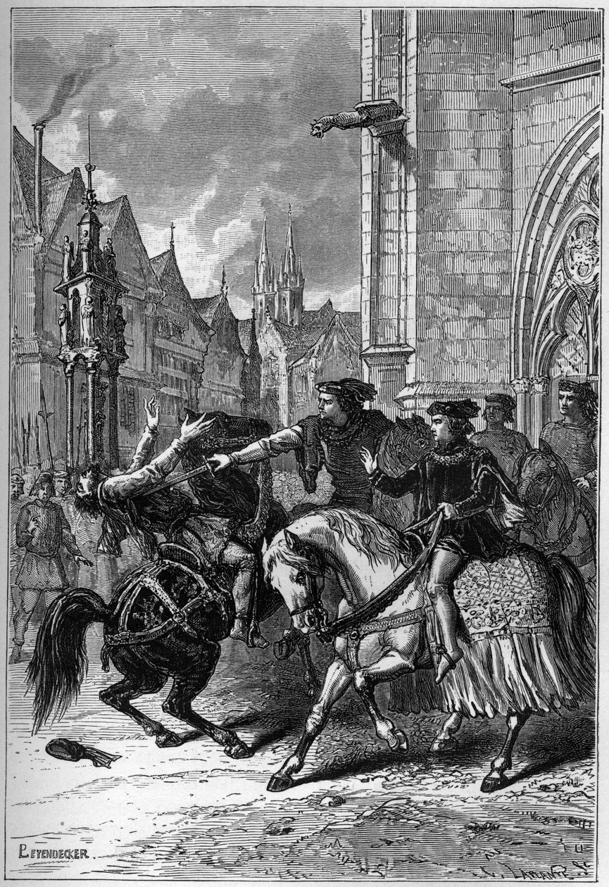 Dødsfallet til Wat Tyler i Smithfield, London, i 1381 under bondeopprøret - Death of Wat (eller Walter) Tyler, engelsk revolusjonær, i Smithfield, under bondeopprøret, London av French School
