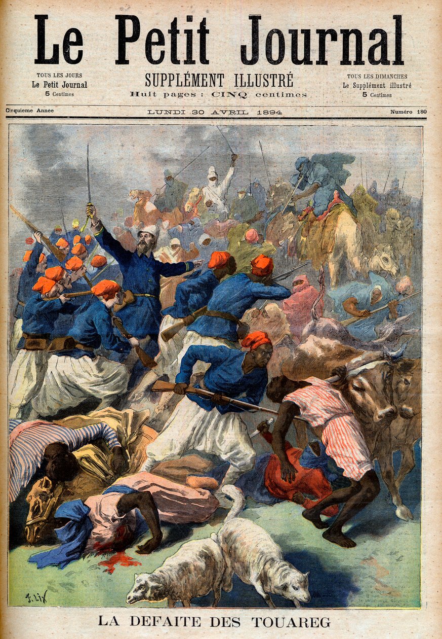 The defeat of the Tuareg. French colonial troops under the command of Lieutenant-Colonel Joseph Joffre (1852-1931) - The Defeat of the Touareg. Illustration for Le Petit Journal, 30 April 1894 (engraving) av French School