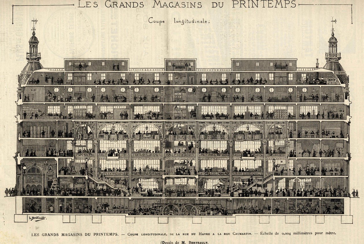 The department stores of Printemps in 1889, longitudinal section, from Rue du Havre to Rue Caumartin, drawing by Berteault, Bianchetti collection. av French School