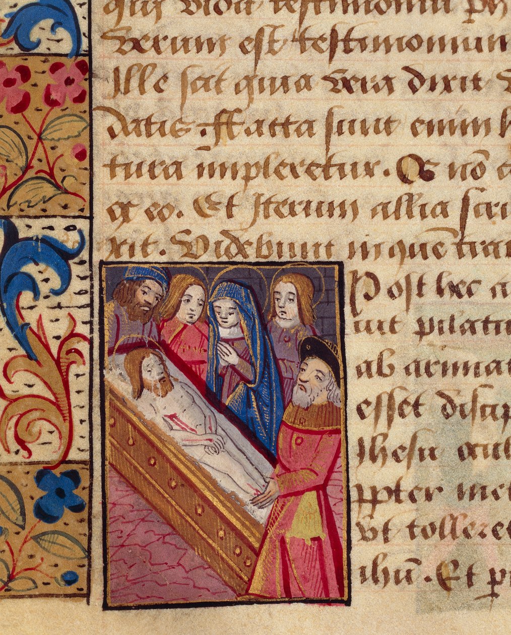 Deponeringen av Kristus i graven, miniatyr fra Timeboken (Bruk av Poitiers), latinsk og fransk manuskript illustrert av elev av Robinet Testard, manuskript 1097 folio 80 verso, Frankrike slutten av 1400-tallet. av French School