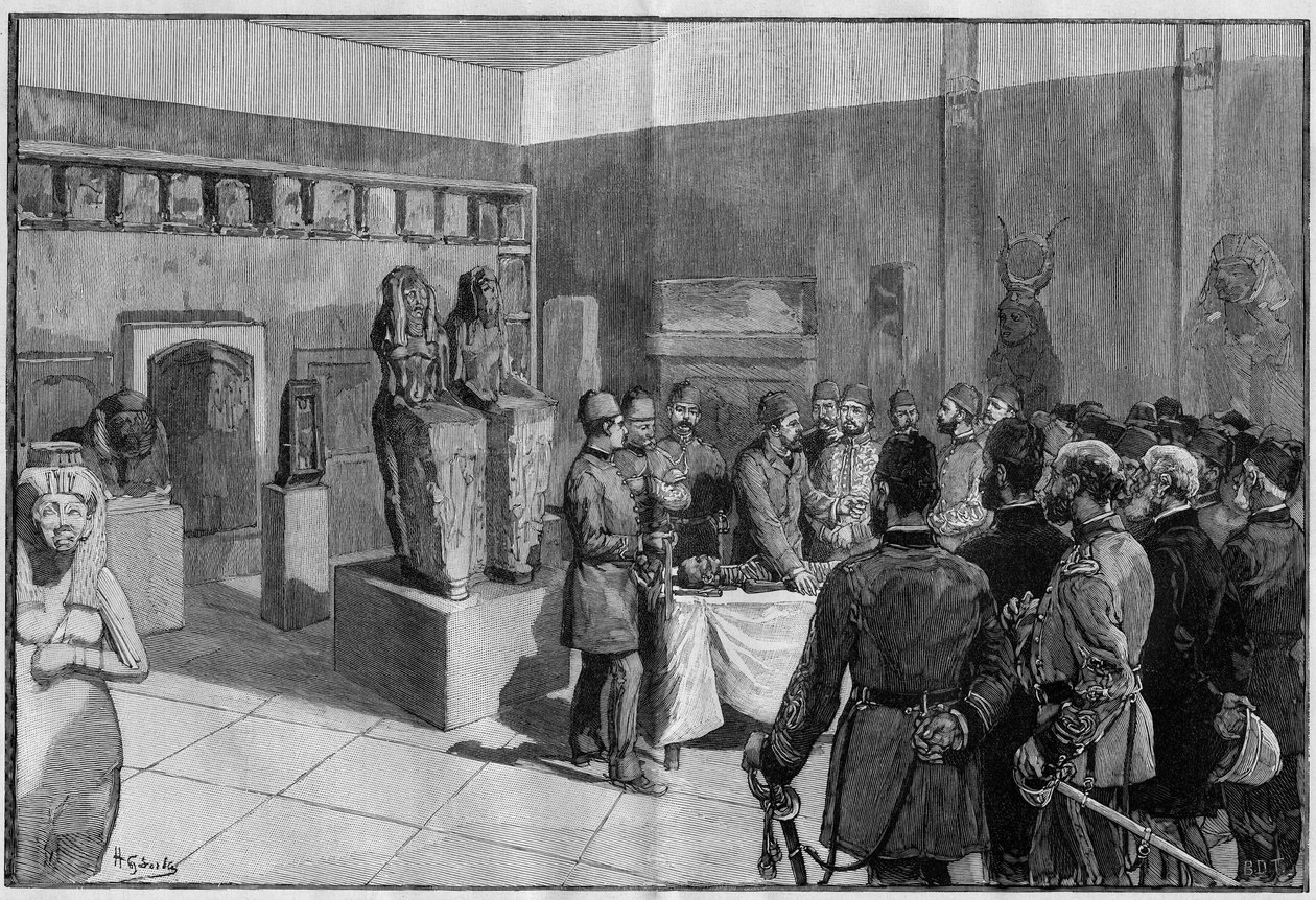 The depoument of the Mummy of Sesostris (Rhamses II) at the Musee de Boulaq (Cairo, Egypt) by Gaston Maspero in the presence of the khedive Tewfik. Engraving in “The Illustrous World”” 1886. av French School