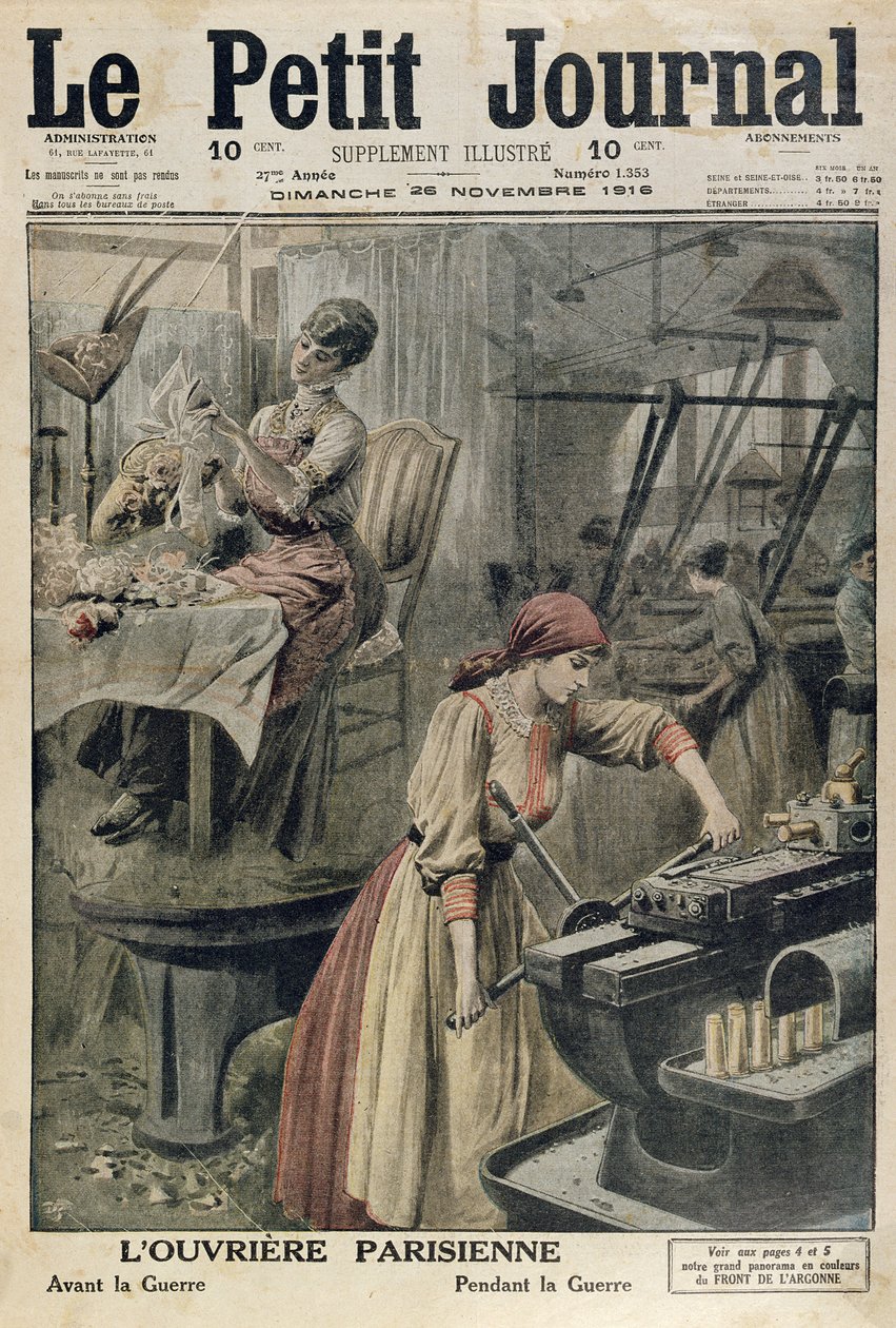 De forskjellige typer arbeid for parisiske kvinner før og under 1. verdenskrig, omslagsillustrasjon av Le Petit Journal, 26. november 1916 av French School