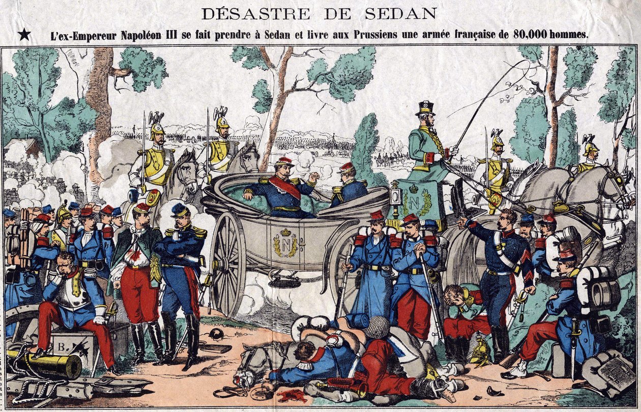 Katastrofen i Sedan; eks-keiser Napoleon III blir fanget i Sedan og leverer til prøysserne en fransk hær på 80 000 mann, et bilde av en spinal fra 1800-tallet. av French School