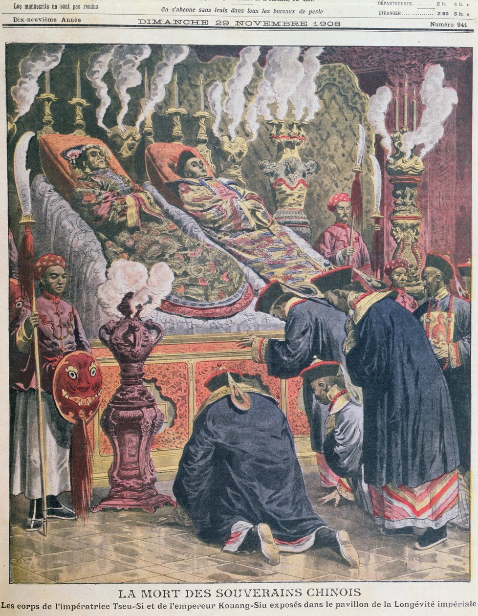 Utstilling av likene til keiser Kouang-Siu (1872-1908) og hans tante, keiserinne Tseu-Hi (1835-1908) i paviljongen for keiserlig lang levetid, illustrasjon fra Le Petit Journal 1908 (farge lith) av French School